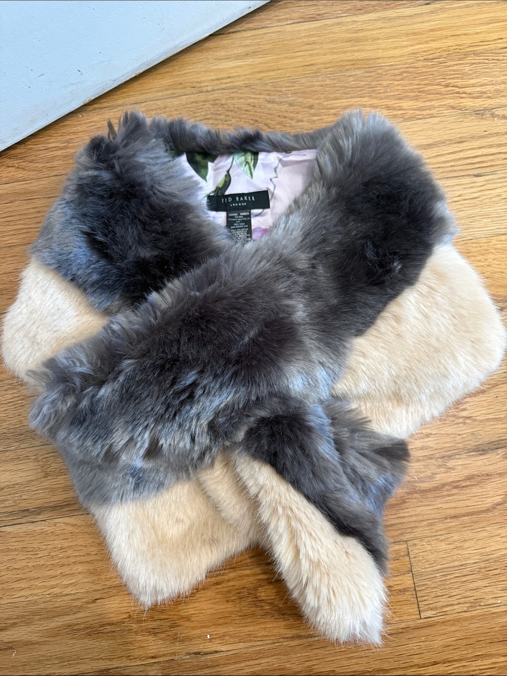 Ted Baker faux fur plush scarf neck wrap like new cream, grey & pink